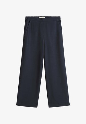 Pantaloni a gamba larga blu navy con cintura elastica e tasche laterali, realizzati in tessuto liscio e leggero.