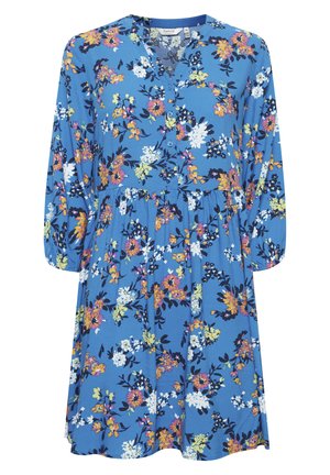 Blumenkleid aus blauer Baumwolle mit Knopfleiste, langen Ärmeln, gerafft an der Taille und einer Vielzahl von bunten Blumenmustern.