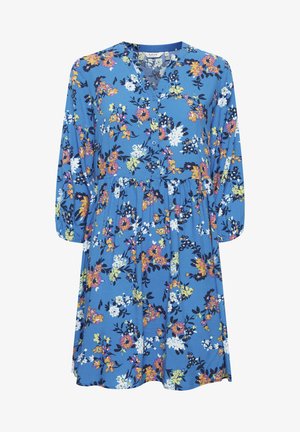 Mėlynos medžiagos gėlėtas suknelė su mygtukų užsegimu priekyje, ilgomis rankovėmis, susirinkusia liemeniu ir įvairiais spalvingais gėlių raštais.