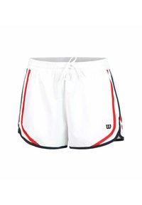 Weiße Sportshorts mit roten und marineblauen Seitenstreifen, elastischem Bund, Kordelzug und einem kleinen Logo am linken Bein. Der Stoff ist leicht.