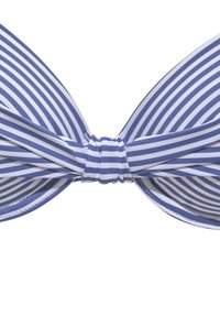 Top bikini a righe blu e bianche con coppe sagomate e dettaglio annodato al centro. Tessuto morbido ed elastico, senza hardware visibile.
