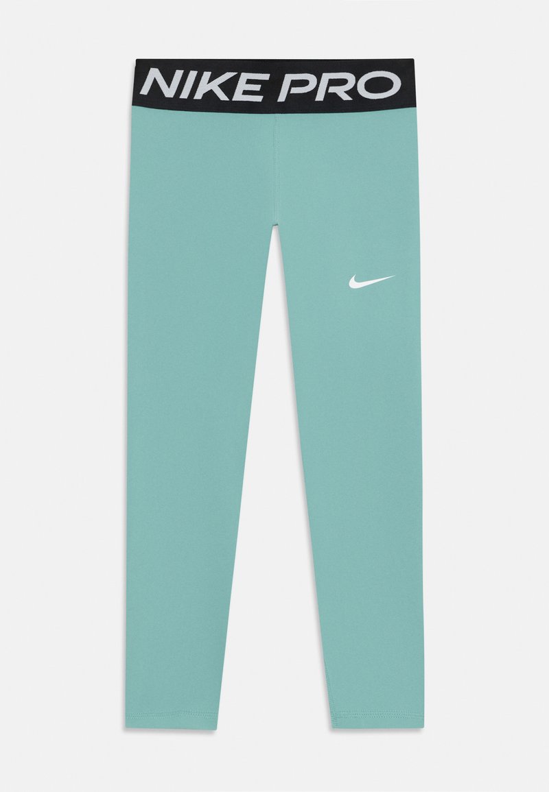 Leggings Nike Pro en tissu vert clair avec une ceinture noire portant "NIKE PRO" en lettres blanches. Inclut un logo Swoosh Nike blanc.