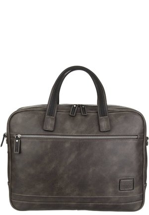 Dunkelgraue Lederaktentasche mit zwei Griffen, vorderer Reißverschlusstasche und rechteckigem Markenpatch in der unteren rechten Ecke.