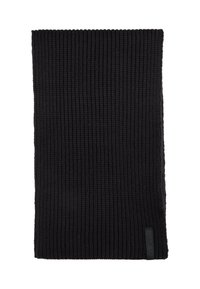 Zwarte gebreide sjaal met ribbelstructuur, gemaakt van zacht materiaal. Heeft een klein merklapje aan één kant, rechthoekige vorm.