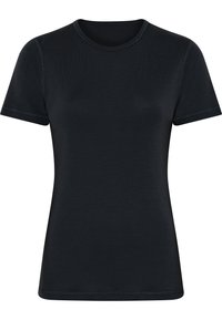 Sort T-shirt med korte ærmer lavet af glat stof, der har rund halsudskæring, rene linjer og minimale syninger.