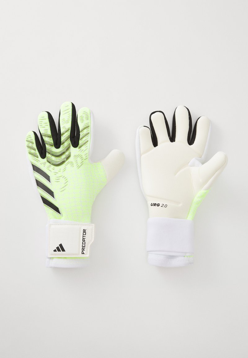 Hvit keeperhansker med neongrønn teksturert latex foran, svarte detaljer på fingrene og hvite håndleddsremmer.