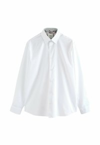 Cămașă albă cu mâneci lungi, cu guler standard, închidere cu nasturi și căptușeală interioară cu un model floral. Textură netedă, croi clasic, fără logo-uri vizibile.