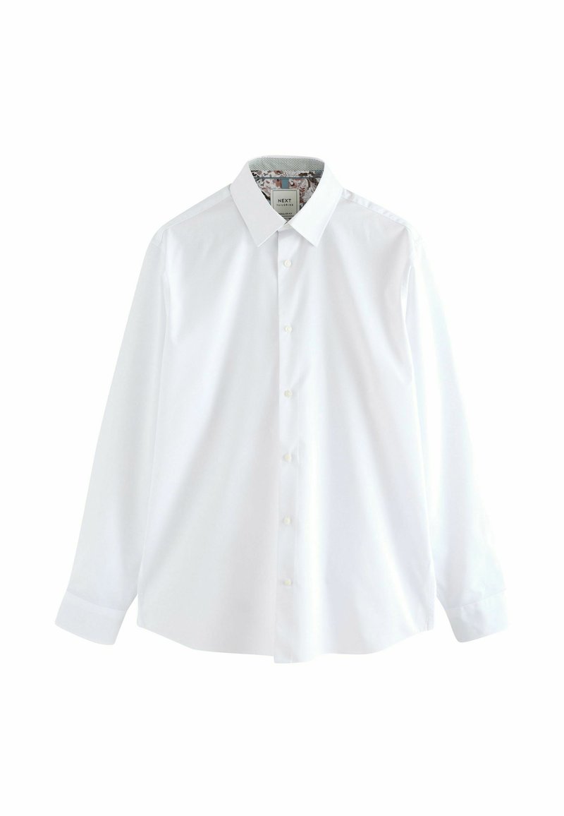 Cămașă albă cu mâneci lungi, cu guler standard, închidere cu nasturi și căptușeală interioară cu un model floral. Textură netedă, croi clasic, fără logo-uri vizibile.