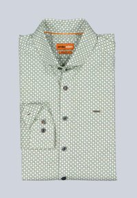 Helle grüne Regular-Fit-Hemd mit kreisförmigem geometrischem Muster, schwarzen Knöpfen und orangefarbenem Etikett am Kragen mit der Aufschrift "emilio adani."