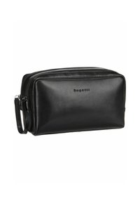 Borsa da toilette in pelle nera con forma rettangolare, chiusura superiora con zip e manico laterale. Texture liscia e minima presenza di marchio.
