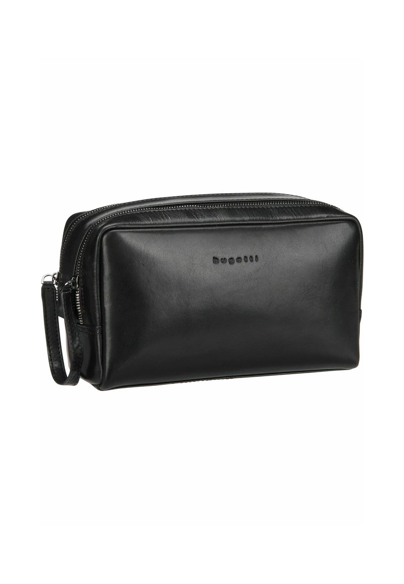 Borsa da toilette in pelle nera con forma rettangolare, chiusura superiora con zip e manico laterale. Texture liscia e minima presenza di marchio.