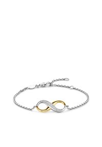 Zilveren kettingarmband met een oneindigheidssymbool in goud en zilver, waarbij één kant is versierd met kleine heldere steentjes.