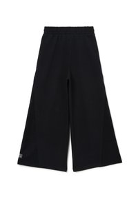 Pantalons larges noirs avec une taille élastique, fabriqués en tissu doux. Présentent des fentes latérales et un logo subtil sur l'ourlet gauche.