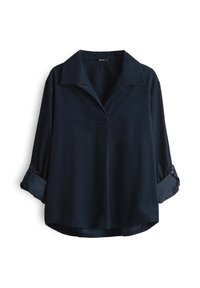 Blouse bleu marine foncé à manches longues avec col large et manches retroussées maintenues par des pattes à boutons, coupe ample, et patte de boutonnage dissimulée.