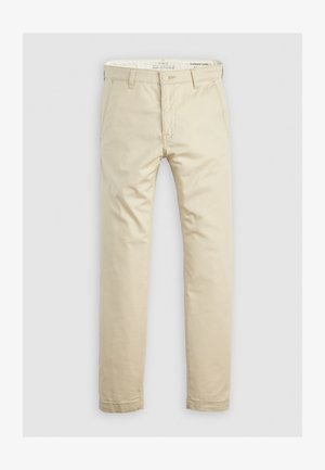 Beige Chinos mit geradem Bein Design, aus Baumwolle, mit einem Reißverschluss vorne, Knopfverschluss, Seitentaschen und einer glatten Textur.