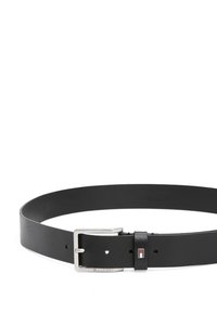 Black leather belt with a smooth texture, silver metal buckle, and a small logo accent. Features several belt holes for adjustment.
