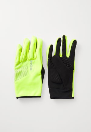 Gants jaunes néon et noirs avec une prise texturée, dotés d'un tissu respirant, de doigts bien définis et d'un logo au dos d'un gant.