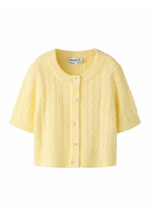 Kort geel gebreid vestje met korte mouwen, ronde hals, kabelpatroon en vijf knopen aan de voorkant.