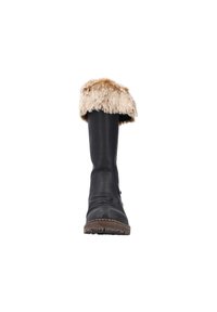 Bota de cuero negra con un puño de pelo sintético beige, punta redonda, suela de goma texturizada y detalles de costura a lo largo de la base.