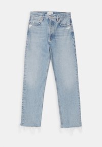 Jean bleu clair taille haute, coupe droite avec légère usure près des poches et ourlets effilochés, posé à plat sur fond blanc.