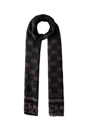 Sciarpa nera con un motivo a logo ripetuto, texture morbida, bordi sfrangiati e accenti in stampa leopardata nella parte inferiore.