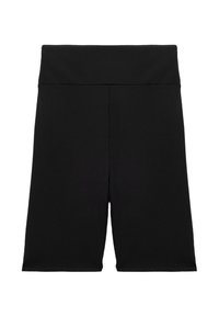 Pantaloni sportivi neri realizzati in tessuto elastico, con vita alta, texture liscia e lunghezza fino a metà coscia. Senza motivi o hardware visibili.