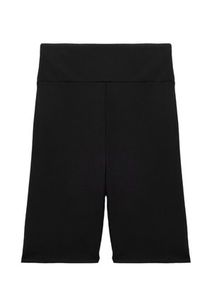 Pantaloni sportivi neri realizzati in tessuto elastico, con vita alta, texture liscia e lunghezza fino a metà coscia. Senza motivi o hardware visibili.
