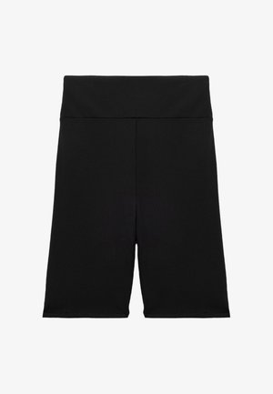 Pantalones cortos deportivos negros hechos de tela elástica, con una cintura alta, textura suave y longitud hasta mitad del muslo. Sin patrones visibles ni herrajes.