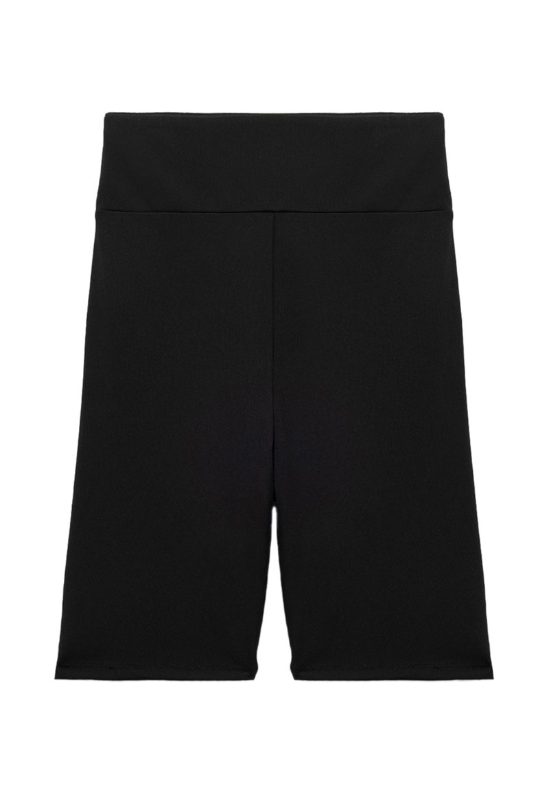 Pantaloni sportivi neri realizzati in tessuto elastico, con vita alta, texture liscia e lunghezza fino a metà coscia. Senza motivi o hardware visibili.