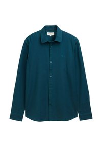Tafelkleurige katoenen longsleeve shirt met een kraag, knoopsluiting aan de voorkant en een klein logo-accent op de borst. Gladde textuur met een effen ontwerp.