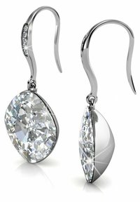 Orecchini a goccia in tono argento che presentano grandi cristalli ovali trasparenti con faccette, accompagnati da un design a gancio elegante e piccoli pietre decorative.