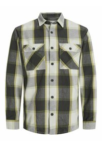 Camicia di flanella a quadri in grigio, nero e verde oliva. Presenta una chiusura con bottoni sul davanti, due tasche sul petto e maniche lunghe. Materiale in cotone.