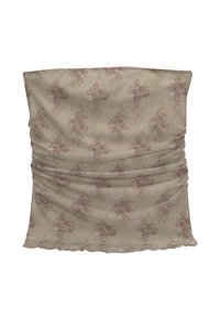 Haut tube en tissu à motifs floraux beige doux avec des fleurs rose pâle, texture froncée sur les côtés et détail de bord festonné.