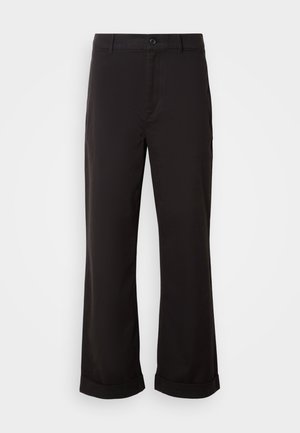 Black trousers with a straight fit, made from lightweight fabric. Features a classic button closure and rolled cuffs at the hem.