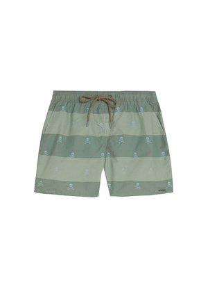 Bañador corto a rayas verdes y verde claro con pequeños dibujos de calaveras y tibias cruzadas y cintura con cordón marrón.
