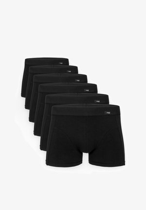 Schwarzes Baumwoll-Unterwäsche-Set mit sechs Teilen, mit enganliegendem Design, glatter Textur und elastischem Bund mit kleinem Markenetikett an jedem Paar.