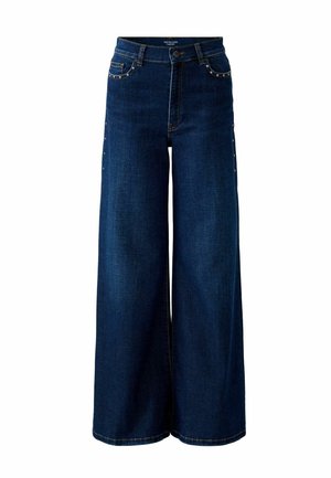 Wide-leg jeans made of dark denim, high-waisted with contrasting stitching, featuring decorative studs along the pockets and side seams.