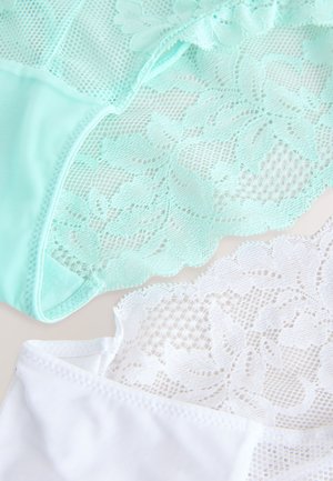 Mintroheline ja valge pitsist pesupõhi lillemustriga, millel on läbipaistvad pitsdetailid ja sile kangas. Mintroheline osa on tekstureeritud.