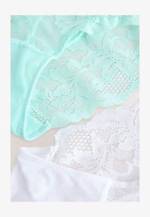 Mintgrünes und weißes Spitzenunterteil mit floralen Mustern, ausgestattet mit transparenten Spitzen-Details und glattem Stoff. Der mintfarbene Bereich ist strukturiert.