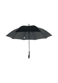 Schwarzer Regenschirm mit gebogenem Griff, aus Stoff gefertigt, mit glatter Oberfläche und klassischem Design, ideal für den Schutz vor Regen.