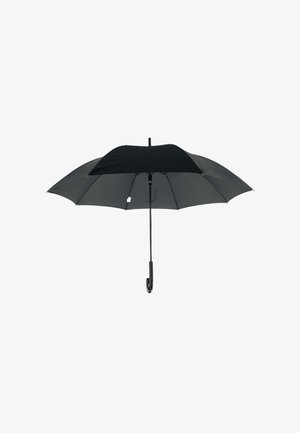 Black umbrella with a curved handle, made of fabric, featuring a smooth surface and a classic design, ideal for rain protection.