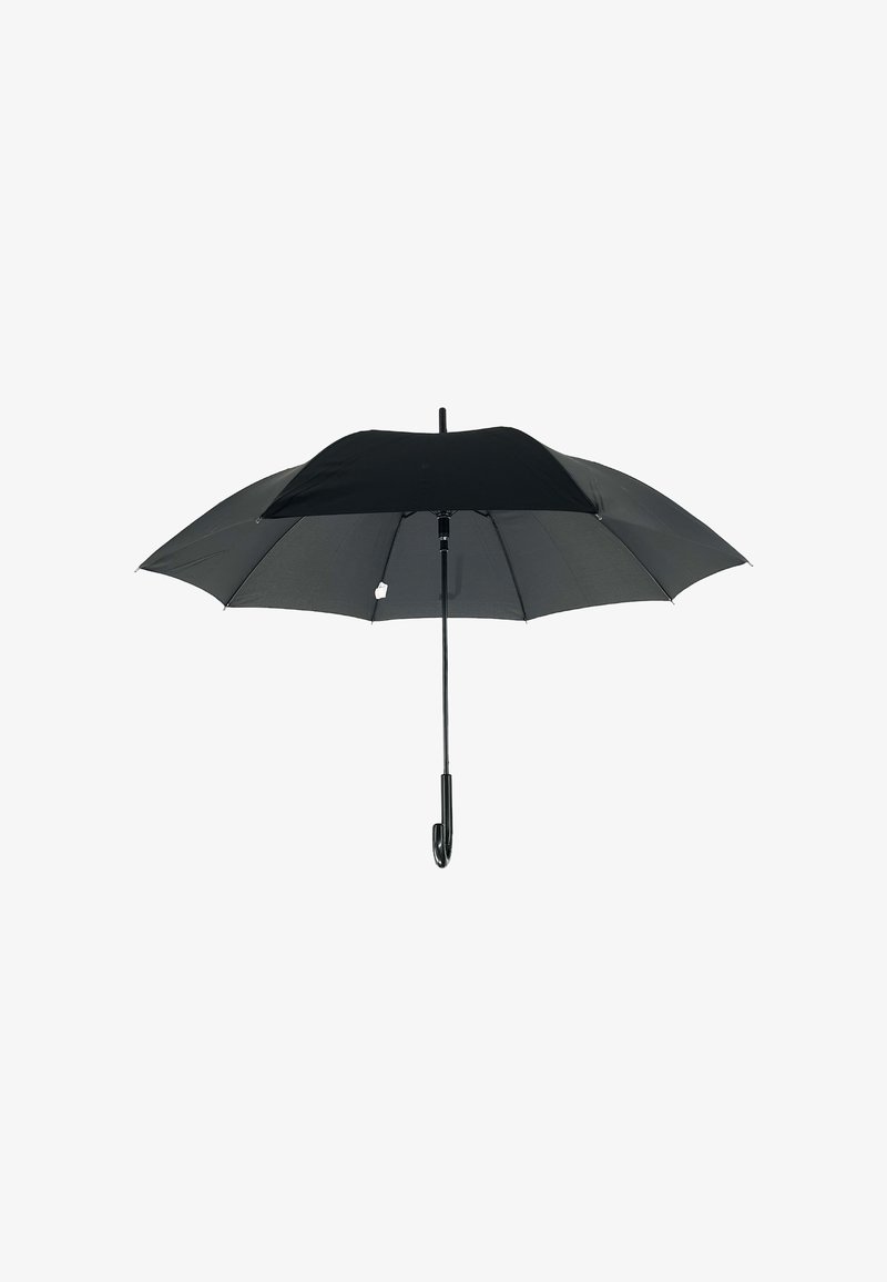 Schwarzer Regenschirm mit gebogenem Griff, aus Stoff gefertigt, mit glatter Oberfläche und klassischem Design, ideal für den Schutz vor Regen.