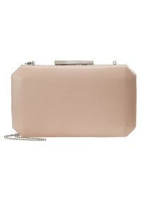 Rektangulär blush-pink clutchväska med silverram och avtagbart silverkedjesnöre, slät matt yta, design med vinklade hörn.