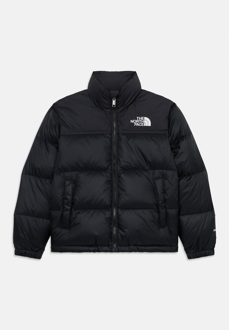 Juoda pūkinė striukė su aukštu apykakle, priekiniais užtrauktukais ir dviem šoniniais kišenėmis. Priekyje ant krūtinės yra balta "The North Face" logotipas.