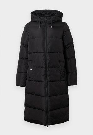 Black puffer coat with a hood, featuring a long, straight silhouette, quilted texture, front zipper, and two side pockets.