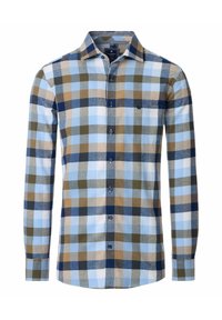 Men's long-sleeve button-up shirt in plaid pattern, featuring blue, brown, and green squares, with a chest pocket and button-down collar.