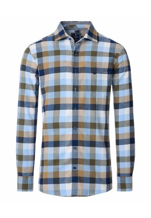 Men's long-sleeve button-up shirt in plaid pattern, featuring blue, brown, and green squares, with a chest pocket and button-down collar.