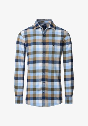 Herren Langarmhemd mit kariertem Muster, bestehend aus blauen, braunen und grünen Quadraten, mit einer Brusttasche und einem button-down Kragen.