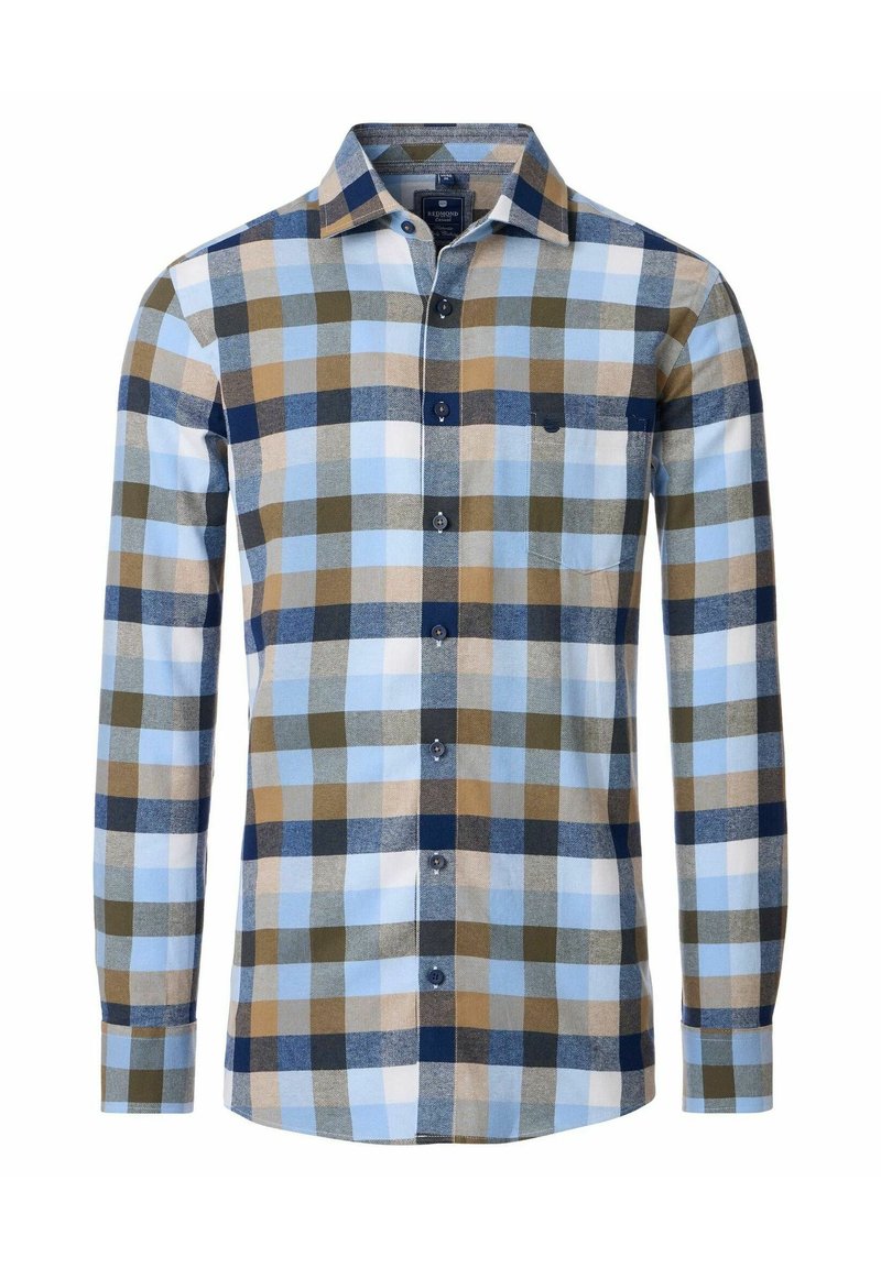 Men's long-sleeve button-up shirt in plaid pattern, featuring blue, brown, and green squares, with a chest pocket and button-down collar.