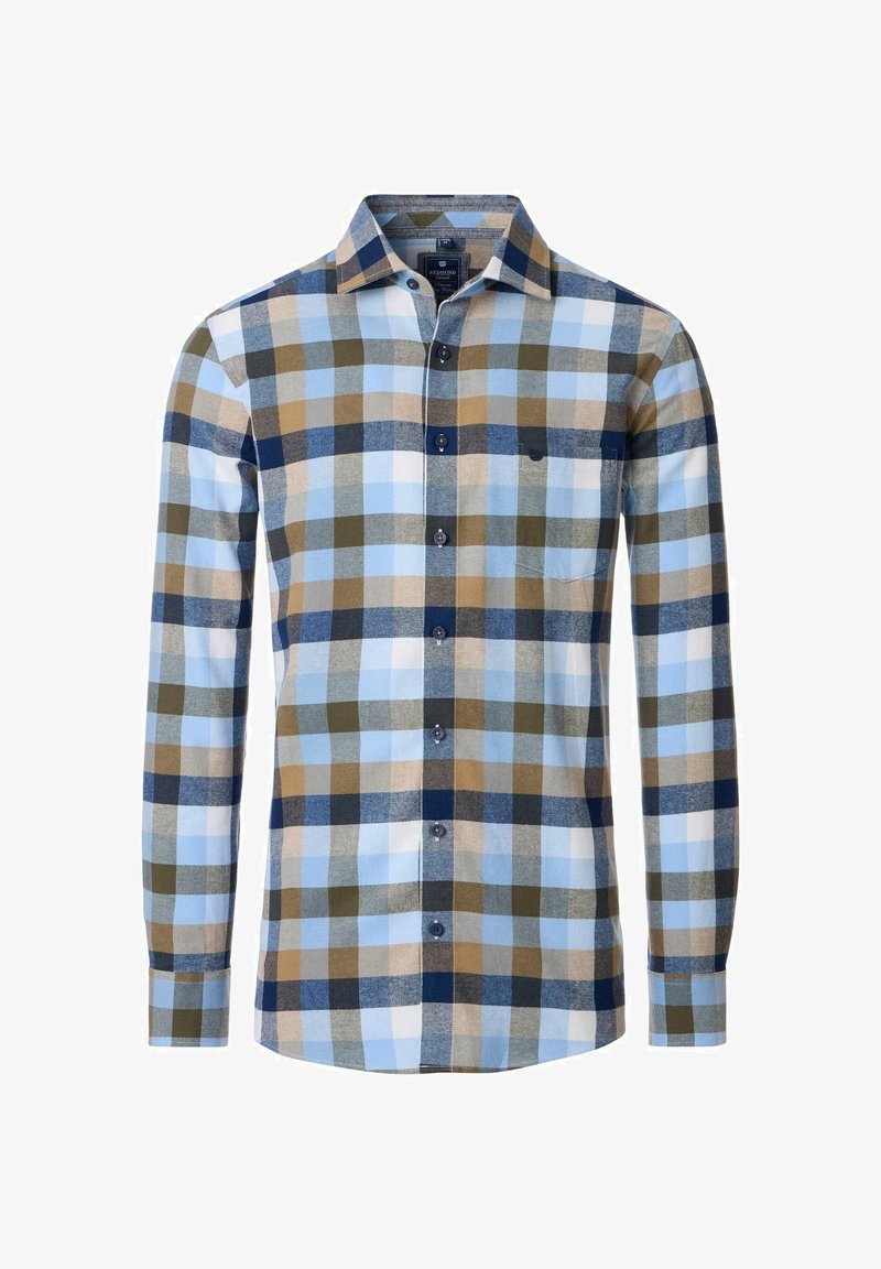 Men's long-sleeve button-up shirt in plaid pattern, featuring blue, brown, and green squares, with a chest pocket and button-down collar.
